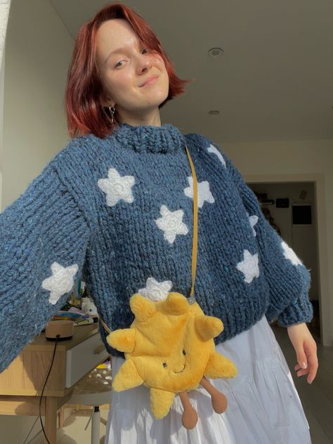 Knit Coraline Sweater, Coraline Sweater Crochet, Embroidered Knit Sweater, Coraline Sweater, Knitted Star, Easy Diy Clothes, Yarn Organization, Crochet Stitches Guide, Crochet Bows