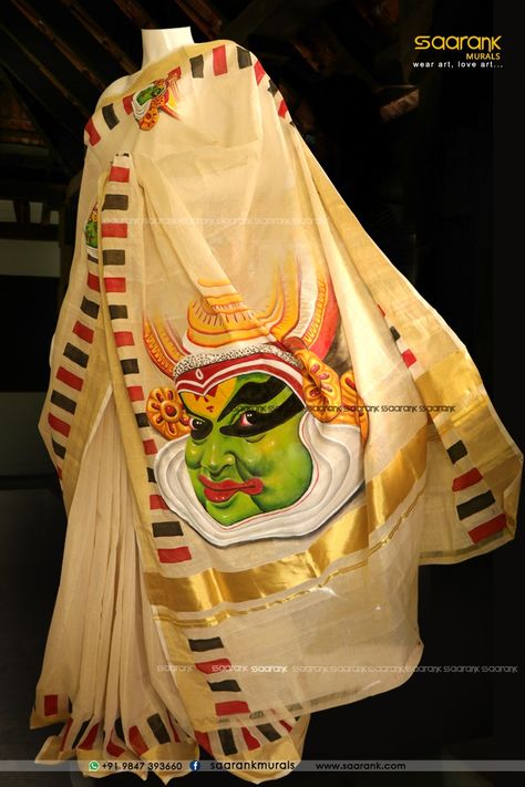 Kathakali design on kerala saree Material - Tissue Style - hand painting only Whatsapp - +91 9847393660 Kerala Saree, Kerala Mural Painting, Set Saree, Hand Painted Sarees, Krishna Painting, Kochi, Mural Design, Painted Clothes, Mural Painting