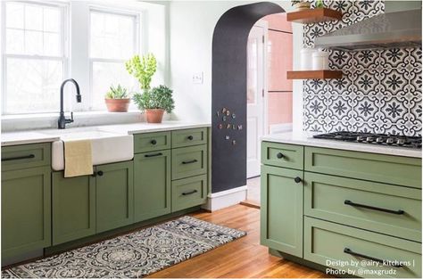 Kitchen with patterned tile backsplash and green cabinets. Design by Airy Kitchens. Photo by Max Grudz. Patterned Tile Backsplash, Arabesque Tile, Green Kitchen Cabinets, Pink Tiles, The Tile Shop, Green Cabinets, Kitchen Tile, Kitchen Trends, Beautiful Tile