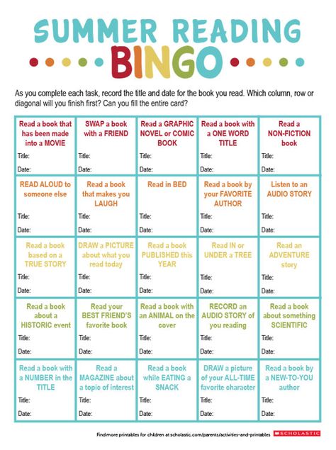 Use Book Bingo to Inspire Summer Reading | Scholastic | Parents Summer Reading Bingo, Summer Reading Activities, Book Bingo, Reading Bingo, Reading Incentives, Reading Printables, Summer Book Club, Summer Reading Challenge, Kids Summer Reading