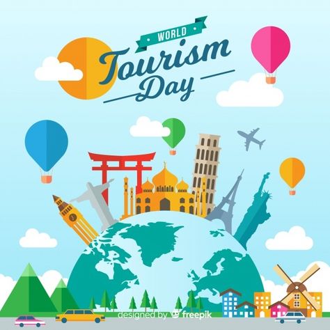 World tourism day background with monume... | Free Vector #Freepik #freevector #background #label #travel #design World Tourism Day, Flat World, School Illustration, Tourism Day, Cartoon World, Growth Marketing, Sustainable Tourism, Happy Travels, Tourist Spots