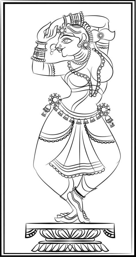 Lord's Gopika, Sevika, or lady servants have drawn in Indian folk art, Kalamkari style. for textile printing, logo, wallpaper Fancy Lady Drawing, Kalamkari Sketches, Kalamkari Art Paintings, Indian Lady Drawing, Indian Folk Art Drawing, Indian Line Art, Kalamkari Drawing, Tracing Drawings, Odisha Pattachitra