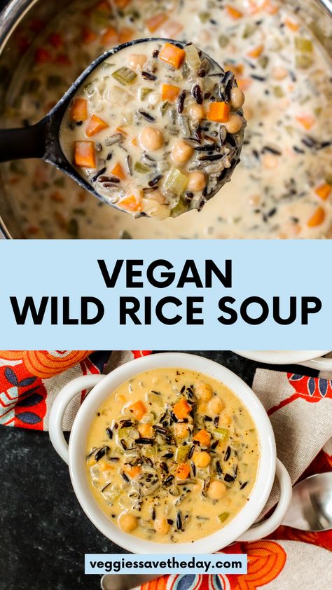 Creamy Vegan Wild Rice Soup will remind you of the classic Minnesota recipe, but it's made with whole-food plant-based ingredients. You can make it in an Instant Pot or on the stove. It's full of incredibly delicious flavors and textures and features chickpeas and homemade cashew cream. Rice Soup Vegan, Creamy Wild Rice, Creamy Wild Rice Soup, Fiber Recipes, Desayuno Keto, Rice Soup Recipes, Healthy Superfoods, Soup Vegan, Vegan Soup Recipes