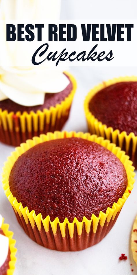 Learn how to make easy RED VELVET CUPCAKES from scratch. Pair with tangy cream cheese frosting if you like. Super light and fluffy but still soft and moist. Great for Christmas, Valentine's Day and birthdays. This recipe is classic and truly the best. Red Velvet Cheesecake Muffins, Southern Red Velvet Cupcakes, Best Red Velvet Cupcake Recipe, Best Red Velvet Cupcakes, Easy Red Velvet Cupcakes, Dessert List, Velvet Recipes, Velvet Desserts, Cupcakes From Scratch