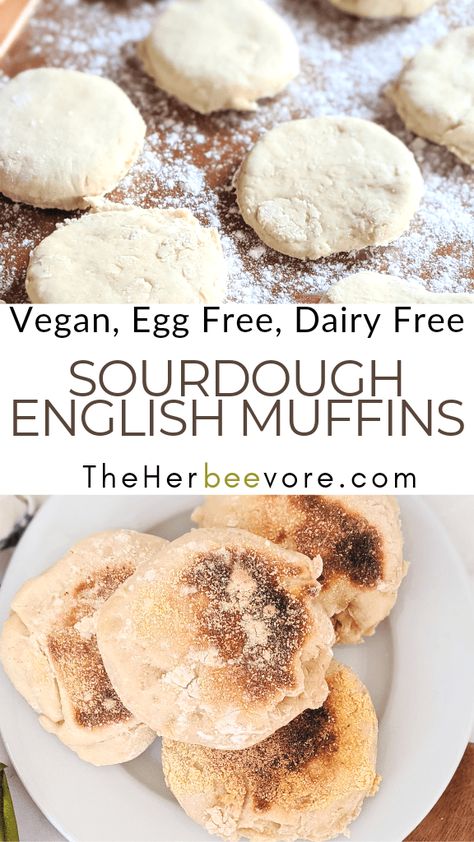 Vegan English Muffins, Egg Free Muffins, Sourdough English Muffin Recipe, English Muffins Recipe, Sourdough Breakfast, Sourdough Muffins, Vegan Breads, Sourdough English Muffins, Vegan Bread Recipe