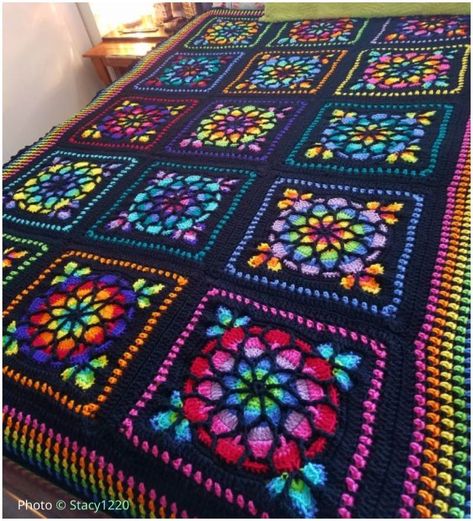 Stained Glass Afghan Crochet Square - Stained Glass Afghan, Motifs Granny Square, Hantverk Diy, Popular Crochet, Colorful Blanket, Crocheted Blanket, Confection Au Crochet, Yarn Craft, Bantal Sofa