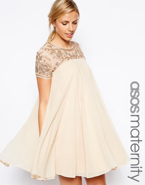 ASOS Maternity | ASOS Maternity Exclusive Swing Dress With Baroque Embellishment at ASOS Christmas Maternity Outfits, Cocktail Dress Maternity, Plus Size Maternity Dresses, Dresses For Pregnant Women, Asos Maternity, Maternity Chic, Preggo Fashion, Afrikaanse Mode, Baby Shower Dresses