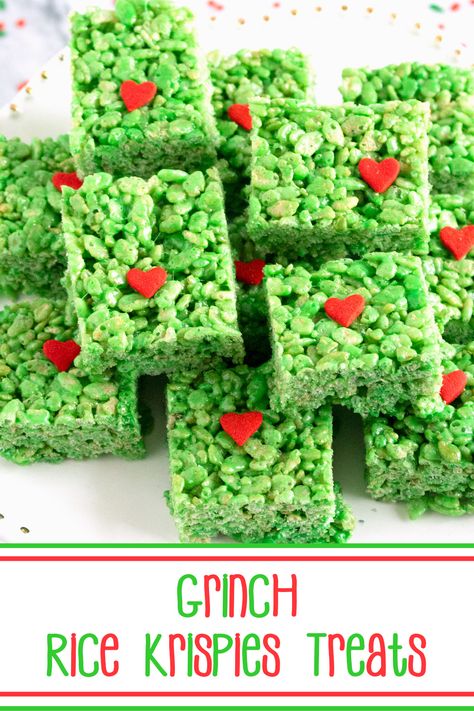 A stack of Grinch Rice Krispies Treats. Party Food Bar Ideas, Grinch Snacks, Grinch Recipes, Grinch Treats, Grinch Night, Food Bar Ideas, Grinch Ideas, Gift Cookies, Classroom Snacks