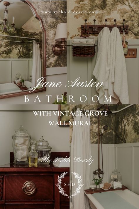 Jane Austen Inspired Vintage Grove Bathroom Mural - She Holds Dearly Light Academia Bathroom, French Bathroom Decor Vintage, French Country Bathroom Ideas, Dresser Inspiration, She Holds Dearly, French Bathroom Decor, Basement Suite, Bathroom Mural, Jane Austen Inspired