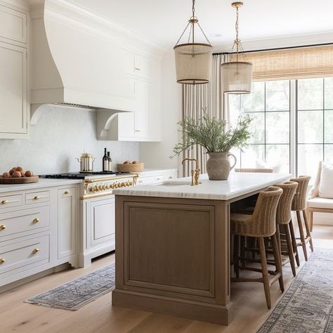 The perfect space to read a book! 🤎 Design: @windthekey Follow @windthekey for more design inspiration. #livingroom #colonialhouse… | Instagram White Beige Gold Kitchen, Wood Island White Countertop, Kitchen Table Next To Island, Ivory And Wood Kitchen, Natural Wood Island White Cabinets, Kitchen Gold Fixtures, White And Light Wood Kitchen, White Kitchen Gold Hardware, Natural Wood Kitchen Island