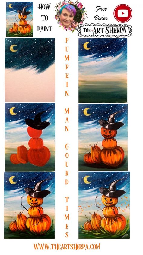 Art Sherpa Tutorials Step By Step, Halloween Painting Step By Step, Step By Step Painting Halloween, Art Sherpa Tutorials, Halloween Canvas Paintings, Art Sherpa, The Art Sherpa, Fall Canvas Painting, Acrylic Painting Ideas