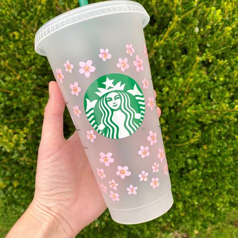 Starbucks Cup Personalised with hand painted Cherry Blossom, Gift for her, Drinks Cup by StokesCreativeDesign on Etsy Cute Cherry Blossom, Starbucks Cup Design, Personalized Starbucks Cup, Hand Painted Glassware, Gin Gifts, Starbucks Drink, Daisy Painting, Painting Glassware, Blossom Design