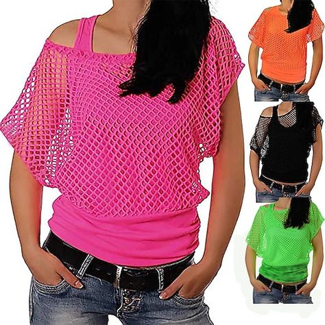 Neon T Shirt, 80s Costumes, 1980s Outfits, Style Année 80, Blusas Crop Top, 80s Inspired Outfits, Net Blouse, Off Shoulder T Shirt, 80s Costume