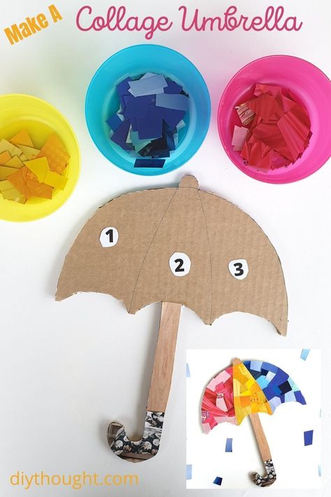 Make a recycled magazine collaged umbrella. You will need, an old cardboard box, an old magazine, scissors, glue and the free umbrella printable found at diyThought. #collage #kidscraft U For Umbrella Craft, Umbrella Printable, Spring Theme Preschool, Craft Ideas Paper, Umbrella Craft, Glue Stick Crafts, Hanging Craft Ideas, Old Magazine, Recycled Magazine