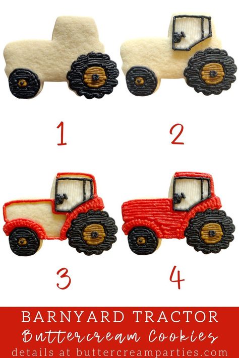 Farmhouse Cookies, Ranch Cookies, Buttercream Sugar Cookies, Tractor Cupcakes, Tractor Cookies, Sugar Cookie Dough Recipe, Fall Decorated Cookies, Tractor Cake, Farm Cookies