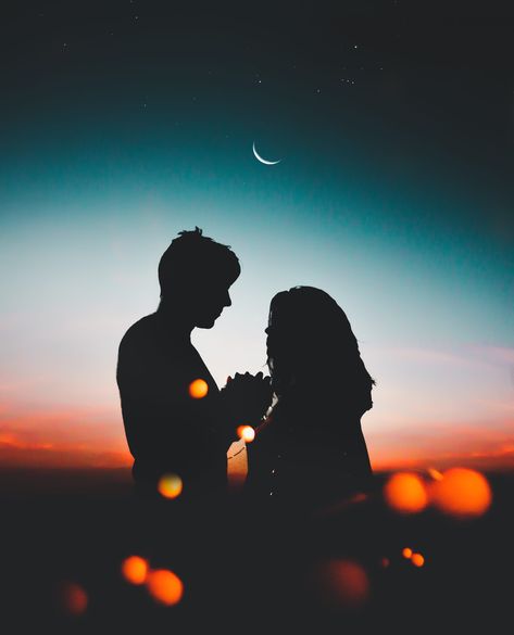 dawn, man, couple, love #affection #afterglow #backlit #blur #bokeh #couple crescent moon #dark #dawn #dusk #evening #lights #love #man #moon #outdoors #people #photography #romance #romantic #scenery #scenic #silhouette #togetherness #woman #2K #wallpaper #hdwallpaper #desktop At Night, The Sky, The Moon, A Man, Moon