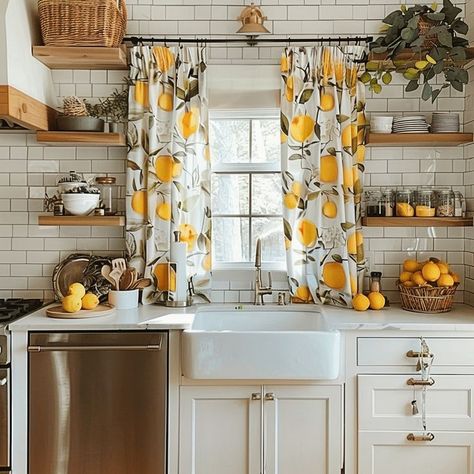 Lemon-themed kitchen decor with lemon-print curtains, fresh lemons, open shelving, and farmhouse sink. Rustic yet modern aesthetic for a visually delightful space. Lemon Themed Kitchen, Lemon Theme, Lemon Kitchen Decor, Horse Barn Plans, Lemon Kitchen, Themed Kitchen, Kitchen Decor Ideas, Barn Plans, Kitchen Decor Themes