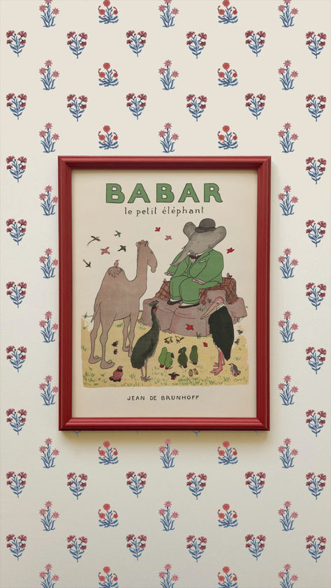 Add whimsical charm to your nursery decor with our exclusive range of vintage Babar nursery prints, professionally framed and then hand painted in Farrow & Ball paints. We can create custom nursery art for you - with any combination of vintage artwork and our range of vintage inspired frames. Alongside the hand painted frames, we also have vintage gold frames, and walnut style frames, perfect for vintage nursery decor, boys nursery, girls nursery or gender neutral nursery decor ideas. Babar Nursery Vintage, Jaipur Wallpaper, Antique Nursery, Gingham Wallpaper, Antique Interiors, Elephant Themed Nursery, Elephant Nursery Decor, Vintage Nursery Decor, Inspired Bedroom