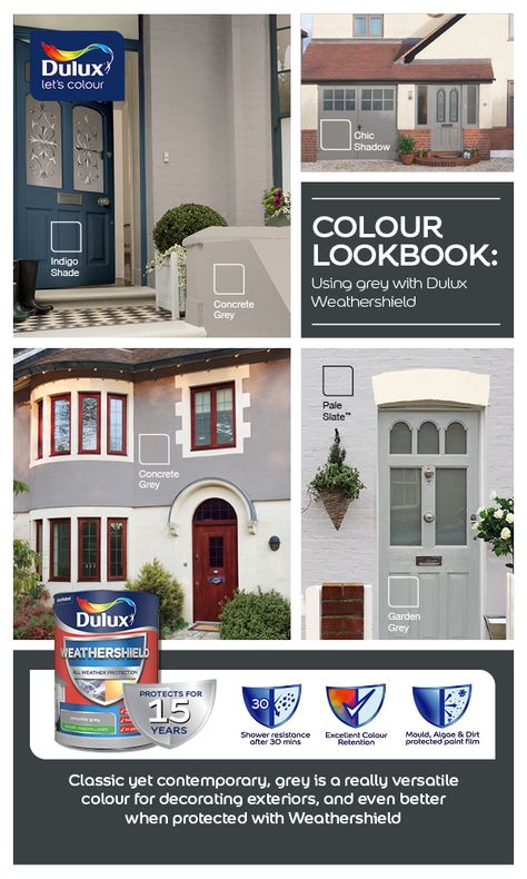 Colour Lookbook Weathershield Greys Dulux Weathershield Exterior Colours, Dulux Exterior Colours, House Exterior Colour, Dulux Exterior Paint Colours, Exterior House Colours, Dulux Grey, Dulux Exterior Paint, Exterior Paint Combinations, Dulux Weathershield