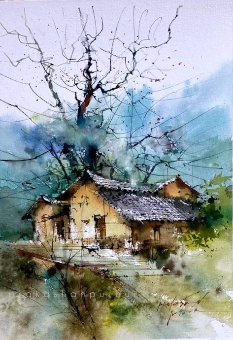 Prakashan Puthur Watercolor House Painting, Watercolor Scenery, Watercolor Art Landscape, Watercolor Paintings Nature, Canvas Art Projects, Watercolor Architecture, Watercolor Pictures, Easy Canvas Painting, Landscape Art Painting