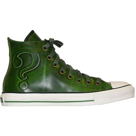 Converse DC Heroes Leather Hi Top - Arkham Asylum - Riddler - Green found on Polyvore Trash Fashion, Hi A, Arkham Asylum, I Feel Pretty, Dc Heroes, Hi Top, Feel Pretty, Converse High Top Sneaker, Converse Chuck Taylor High Top Sneaker