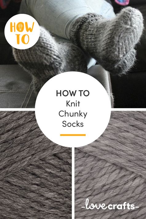 Learn how to knit chunky socks with a FREE chunky sock knitting pattern | Learn how to knit with LoveCrafts.com Chunky Sock Knitting Patterns Free, Chunky Sock Pattern, Slouch Socks Knitting Pattern Free, Chunky Socks Knitting Pattern, Chunky Knit Socks Pattern Free, Chunky Knit Socks, Casual Chunky Knit Socks For Winter, Wool Socks Pattern, Chunky Knit Slipper Socks Free Pattern