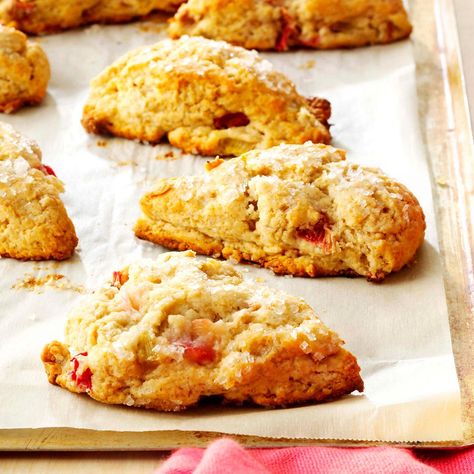 Rhubarb Scones Recipe -My grandfather grows rhubarb and gives us a generous supply. The tartness is similar to a cranberry—perfect for tossing into a scone. —Danielle Ulam, Hookstown, Pennsylvania Rhubarb Scones, Best Rhubarb Recipes, Rhubarb Bread, Strawberry Rhubarb Jam, Raspberry Rhubarb, Biscuits Graham, Rhubarb Desserts, Scone Recipes, Savory Scones