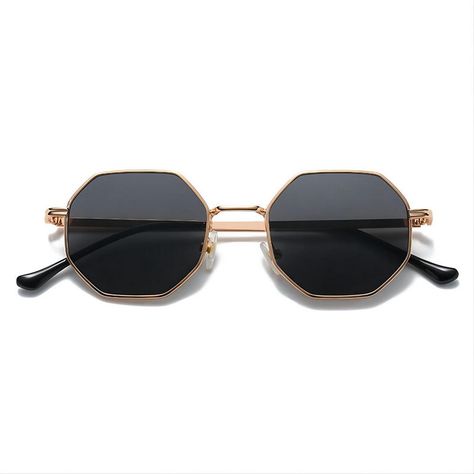 Vintage Octagon Geometric Sunglasses Gold-Tone Metal Frame Gold Shield Sunglasses With Metal Frame, Elegant Metal Frame Square Sunglasses, Octagonal Glasses, Aesthetic Sunglasses, Octagon Sunglasses, Hexagon Sunglasses, Geometric Sunglasses, Metal Hinges, Geometric Frame