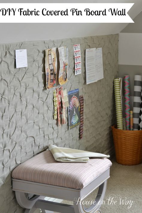 How to Make a DIY Fabric Covered Pin Board Wall for Less Than $25: Cool!  I'm thinking of corking an entire wall, but this is neat, too. Cover Walls Without Paint, Pin Board Wall, Fabric Covered Walls, Apartment Walls, Board Wall, Wall Board, Small Wall, Small Room, Kid's Rooms