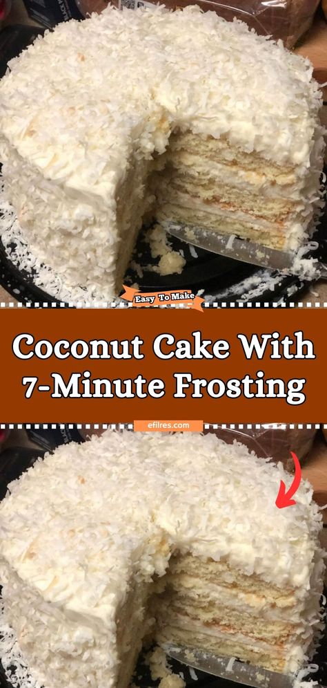 Celebrate any occasion with the light and fluffy Coconut Cake with 7-Minute Frosting, a classic dessert that's as beautiful as it is delicious. Each layer of this tender cake is infused with the sweet aroma of coconut, then frosted with a light, marshmallow-like frosting that's a joy to eat. It's a piece of tropical paradise on a plate, perfect for birthdays, holidays, or whenever you need a little bit of sweetness in your life. #CoconutDream #FluffyFrosting #CelebrationCake 7 Min Frosting, Coconut Cake Frosting, Homemade Coconut Cake, Seven Minute Frosting, 7 Minute Frosting, Coconut Cream Frosting, Coconut Icing, Marshmallow Frosting, Coconut Cake Recipe