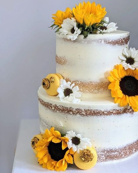 Wedding Cake Ideas Sunflowers, Bridal Shower Cake Sunflower, Twinkie Sunflower Cake, White Cake With Sunflowers, Sunflower Two Tier Cake, Sunflower Themed Wedding, Chocolate Flowers, Themed Wedding Cakes, Macarons