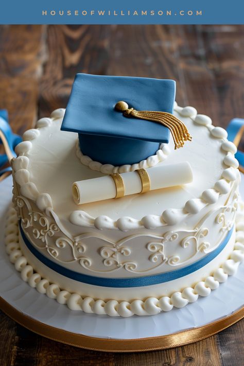 Get ready to make your cakes extra special with this graduation cake decorating idea! Our cake is all about school colors and an edible graduation cap and diploma made from fondant. It's the perfect centerpiece for a graduation party. Let the baking and decorating fun begin! Blue Graduation Cakes, Graduation Party Checklist, Graduation Cake Ideas, Turquoise Cake, Graduation Cap And Diploma, Cap And Diploma, 4th Of July Cake, Sea Cakes, Blue Graduation