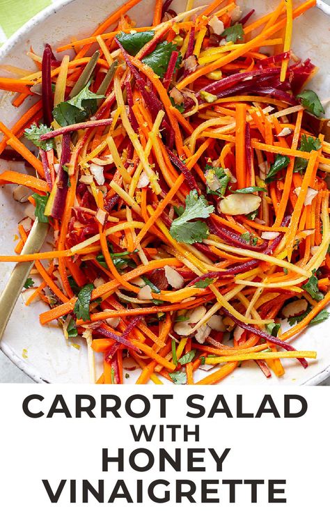 Crunchy Bistro Carrot Salad Grated Carrot Salad, Dinner Hosting, Honey Vinaigrette, Carrot Salad Recipes, Carrot Slaw, Pumpkin Salad, Julienned Carrots, Raw Carrots, Homemade Soup Recipe