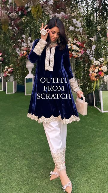 Eid Outfit From Scratch, Scratch Outfit Ideas, Outfit From Scratch Ideas, Outfit From Scratch Indian, Blue Velvet Dress Outfit, Suit From Scratch, Silk Suit Designs Indian, Outfit From Scratch, Dress From Scratch