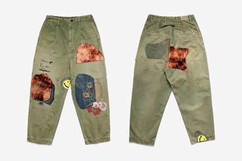 KAPITAL Katsuragi Nime Pants Gypsy Patchwork | HYPEBEAST Pant Patches, Patch Pants, Nice Fashion, Military Pants, Summer Swag, Visible Mending, Contrast Top, Denim Patches, Disney Crafts