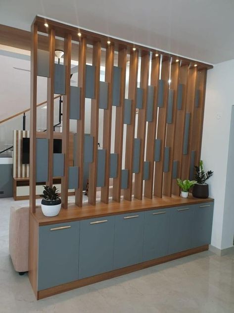 Wooden Partition Design Modern Interiors, Wood Partition Modern Interior Design, Partition Wooden Room Dividers, Hall Divider Interior Design, Hall Partion Ideas, Wood Panel Separator, Wooden Partition Design With Storage, Wooden Partition Design, Living Room Drawers