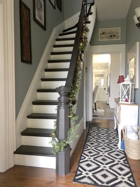 Century Old Farmhouse Christmas - Designs By Karan Old Farmhouse Christmas, Farmhouse Basement, Farmhouse Staircase, Farmhouse Stairs, Farmhouse Design Ideas, Stairs In Kitchen, House Staircase, Farmhouse Renovation, Staircase Makeover