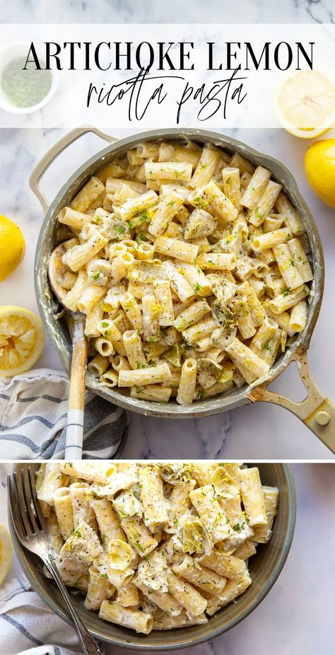 Lemon and tender artichoke hearts are the perfect pairing in this creamy lemon ricotta pasta! Ready in minutes with only a handful of ingredients. Light Italian Dinner, Lemon Ricotta Pasta, Pasta Calories, Lemon Pesto, Artichoke Pasta, Ricotta Pasta, Lemon Pasta, Lemon Ricotta, Garlic Pasta