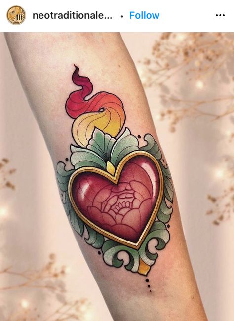 Traditional Heart Tattoos, Red Tattoo Ideas, Red Ink Tattoo, Sacred Heart Art, Sacred Heart Tattoos, Gem Tattoo, Mystical Tattoos, Jewel Tattoo, Red Tattoo