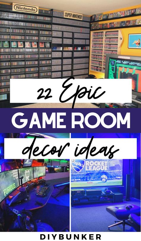 Game Room Ideas | Make all your friends jealous by creating the perfect video game room / man cave with. These ideas are great if you need video game storage, game room layout ideas, basement bar inspo, or new ways to display your consoles.  #decor #homedecor #gamer Video Game Console Display, Video Gaming Room, Game Console Organization, Game Console Shelf, Game Room Layout, Video Game Shelf, Game Room Ideas Man Caves, Nintendo Room, Video Game Bedroom