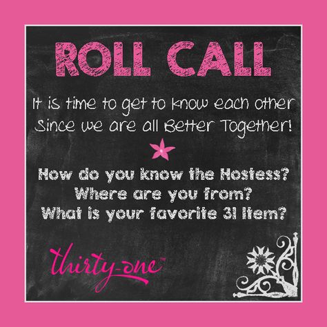 Roll Call Thirty-One Thirty One Party Graphics, Thirty One Logo, Thirty One Games, Scentsy Consultant Business, Frozen Party Games, New Albany Ohio, 31 Party, Thirty One Fall, Thirty One Totes