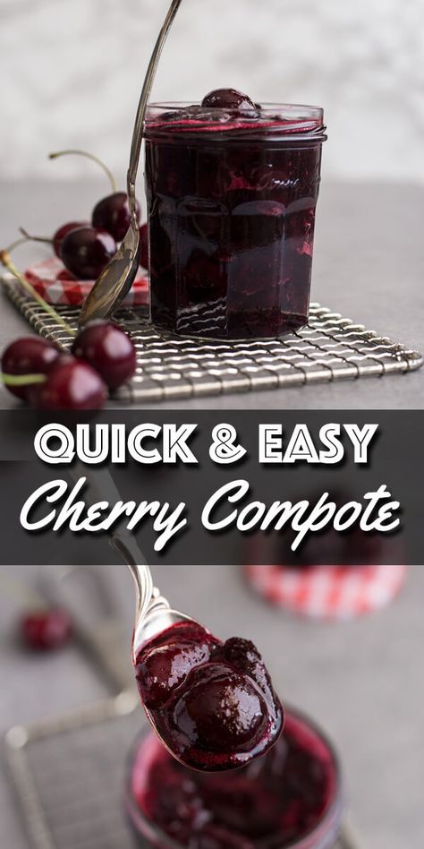 This quick and easy Cherry Compote takes almost no time to cook and is the perfect topping to spread over ice cream, cheesecake, even oatmeal. It’s a great way to preserve those sweet summer cherries for another day. | wildwildwhisk.com #cherry #cherrycompote #cherrysauce Things To Do With Cherries, Cherry Compote For Cheesecake, Stewed Cherries, Cherry Compote Recipe, Cherry Ideas, Ice Cream Cheesecake, Fruit Sauces, Cherry Compote, Cherry Preserves