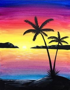 Paisaje tropical Sunrise Paintings, Sunset Painting Easy, Sunset Paintings, Easy Landscape Paintings, Beautiful Landscape Paintings, Night Sky Painting, Sunrise Painting, Mountain Landscape Painting, Paint Nite