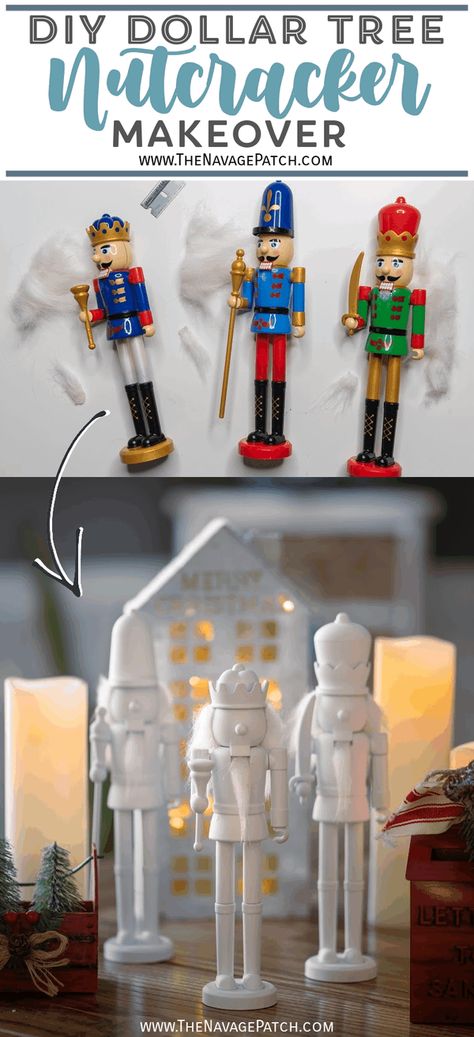 DIY Dollar Tree Snow-white Nutcrackers - West Elm Inspired | DIY West Elm knockoff white nutcrackers | How to spray paint nutcrackers | How to spray paint light objects | DIY Dollar Tree nutcracker makeover | Easy DIY Dollar Tree Christmas decor| #TheNavagePatch #DIYChristmas #EasyDIY #DIYChristmasCrafts #DollarStore #DollarStoreCrafts #DollarTreeDIY #WestElm #Knockoff | TheNavagePatch.com Repainting A Nutcracker, Dollar Tree Nutcracker Makeover, Nutcracker Upcycle, Painting Nutcrackers Diy, Dollar Tree Nutcracker Diy, Decorating With Nutcrackers, Dollar Tree Nutcracker, White Nutcracker Christmas, Painted Nutcracker Diy