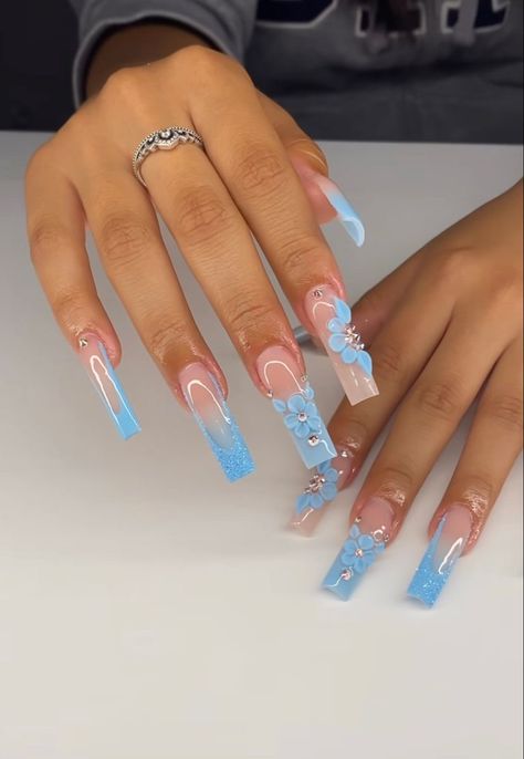 ˚୨୧⋆ @bella2angel Long Acrylic Nails Light Blue, Blue Birthday Nails Black Women, Baby Blue Valentine Nails, Light Blue Graduation Nails, Blue Spring Nails Acrylic, Light Blue Nails Prom, Light Blue Birthday Nails, Light Blue Spring Nails, Graduation Nails Blue