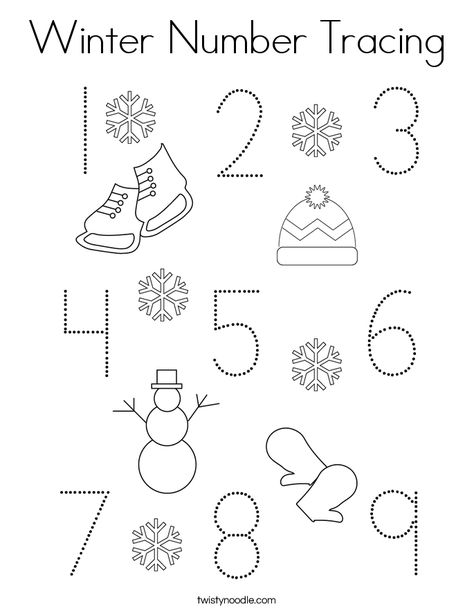 Winter Number Tracing Coloring Page - Twisty Noodle Winter Number Activities Preschool, Winter Tracing Preschool, Preschool January, January Preschool, Winter Lesson Plan, Preschool Winter, Maria Garcia, Winter Activities Preschool, Coloring Pages Winter