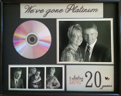 I'm not very good at coming up with unique ideas, but I was pretty excited about this gift!  I needed something special for my 20th wedding anniversary, which is supposed to be something platinum.  Considering Tim has made several recordings with gospel groups, it seemed fitting to have a 'platinum cd'.  It is an original copy of a 20 min video featuring highlights from our 20 years of marriage. Anniversary Ideas For Him Diy, 20th Wedding Anniversary Ideas, 20th Anniversary Ideas, 25th Anniversary Decorations, Wedding Anniversary Ideas, Anniversary Ideas For Him, 20th Wedding Anniversary Gifts, 50th Wedding Anniversary Cakes, 70th Wedding Anniversary