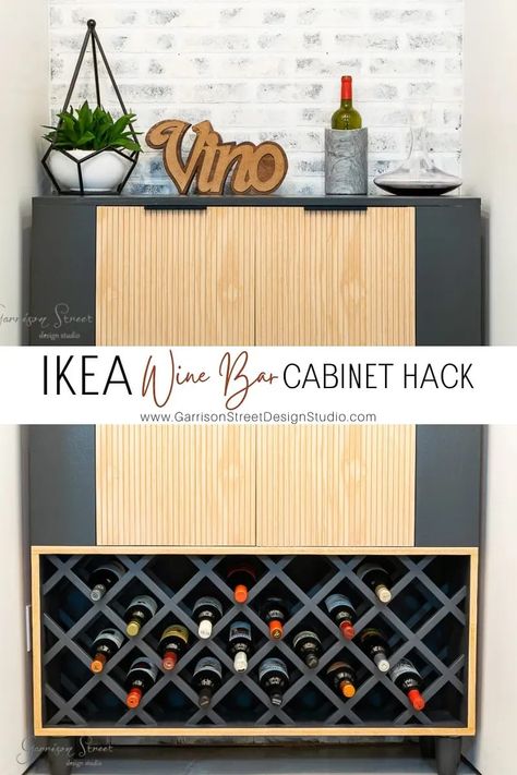 IKEA Wine Bar Cabinet Hack| ©GarrisonStreetDesignStudio | IKEA | Hack | Wine Bar | Cabinet | IKEA Enhet | IKEA Hack | Mid Century Modern | Ideas | DIY | Cabinet Hack | IKEA Bar | Wine Room | Wine Storage | Wine Rack | IKEA Bar Hack | Wine Cupboard | Wine Rack Ideas | Fluted | Pole Wrap | Modern | Small Spaces | Ideas DIY | Wood | Dark | Home | Vintage | Styling | Small | How to make | Furniture | Decor | Wine Cabinet Design | Acohol Cabinet Ideas | Mini Wine Bar | Basement | Bar Console Enhet Ikea Hack, Ikea Bar Cabinet, Diy Bar Cabinet, Wine Cabinet Design, Ikea Bar, Bar Console, Wine Bar Cabinet, Modern Buffet, Diy Wine Rack