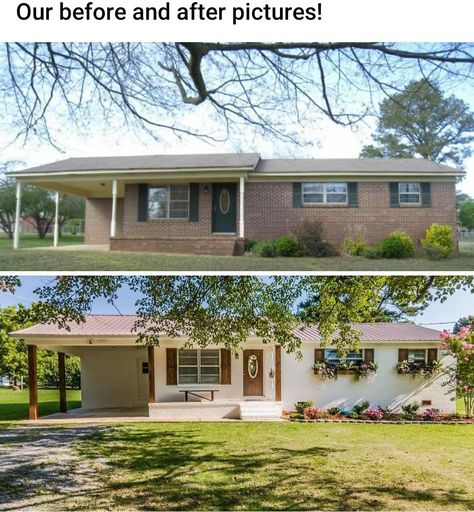 Front House Makeover, Old Brick House Remodel, Painted Brick Ranch House Exterior, Remodeled Brick Houses, 70s House Remodel Exterior, Outside House Updates, Old Brick Ranch Exterior Makeover, Ranch Style Homes Brick, Brick And Vinyl Exterior Ranch