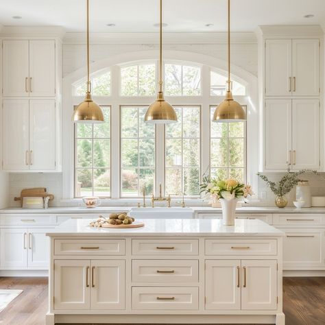 Welcome to a kitchen dreams are made of! 🌟 This white oasis with soaring ceilings and elegant arched windows epitomizes timeless sophistication. The abundance of natural light flooding in creates an airy atmosphere, while the white palette enhances the feeling of spaciousness. Who else is swooning over this picture-perfect space? ✨ #unionhomedesign #WhiteKitchen #HighCeilings #ArchedWindows #TimelessElegance #InteriorDesignInspo"#MainLineInteriors #MainLineDesign #PhiladelphiaDesigner #Mai... Cabinets In Breakfast Area, Arched Window In Kitchen, Vaulted Ceiling Kitchen Windows, White Kitchen Renovation Ideas, Modern Kitchen With Color, New Orleans Kitchen Design, Lighted Cabinets In Kitchen, Off White Farmhouse Kitchen, Natural Light Kitchen Ideas